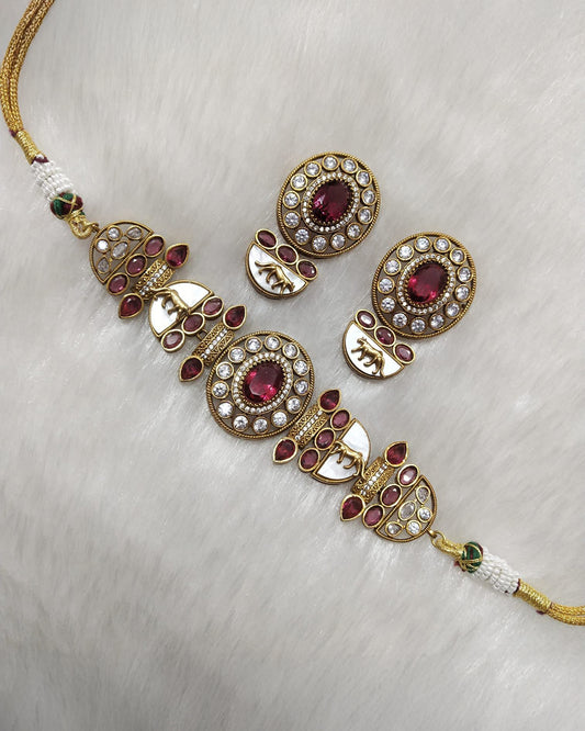 Wine Aishani Premium Sabya Inspired Necklace with Earring