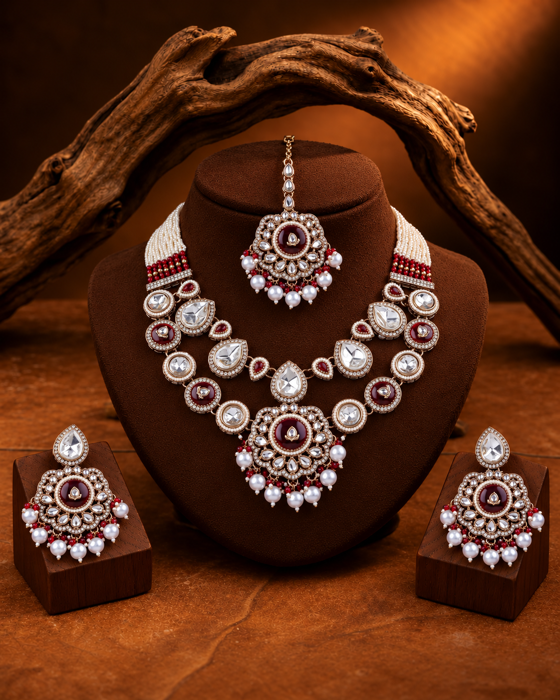 Ruby Aaralika Premium Sabya Inspired Monalisa Necklace Set with Earring & Teeka