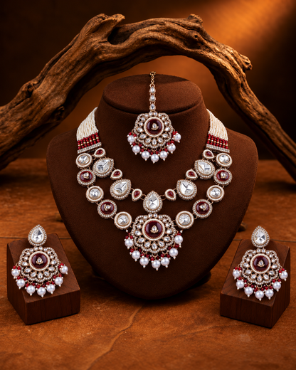 Ruby Aaralika Premium Sabya Inspired Monalisa Necklace Set with Earring & Teeka