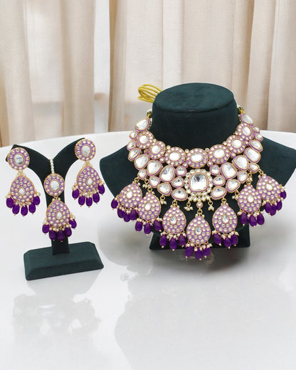 Purple Amrit Meenakari Kundan Premium High Quality Necklace with Teeka and Earring