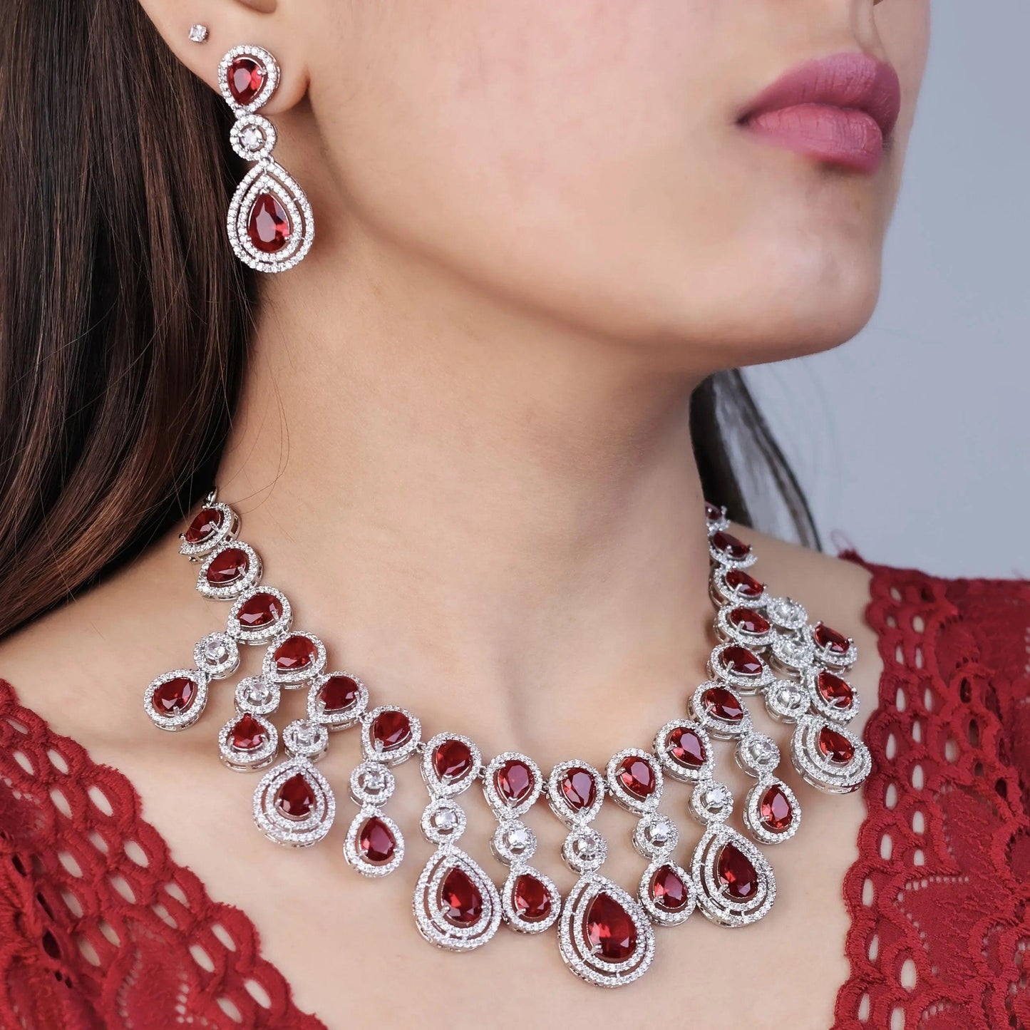 Wine Ananya American Diamond Necklace Set