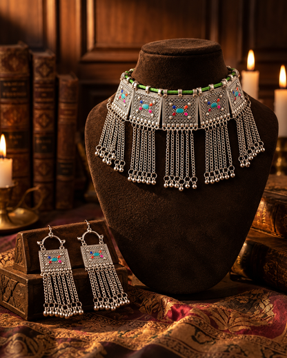 Multi Roohzaadi Oxidised Necklace Set With Earring