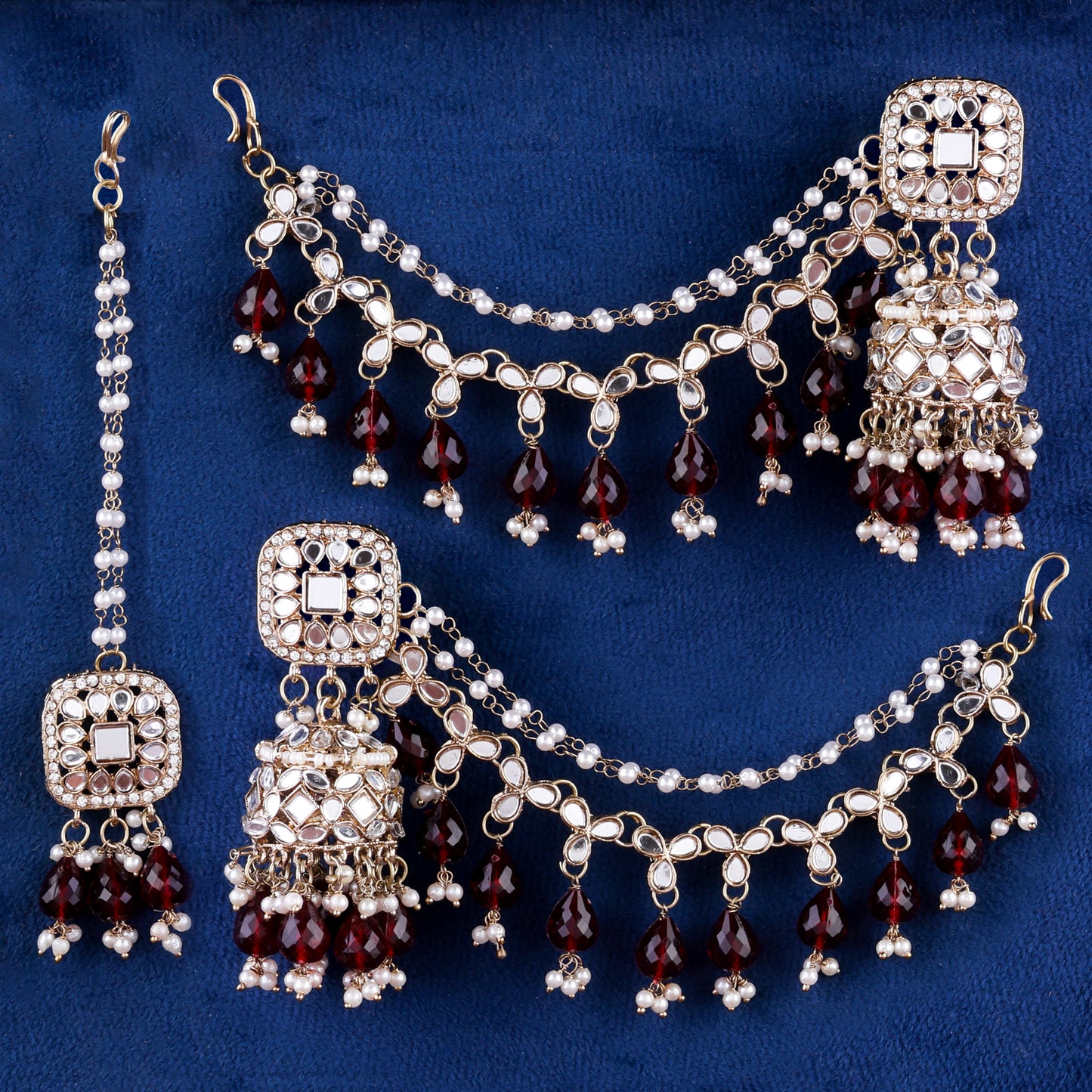 Maroon Aayat Bahubali Jhumka with Statement Kaan Chain and Teeka