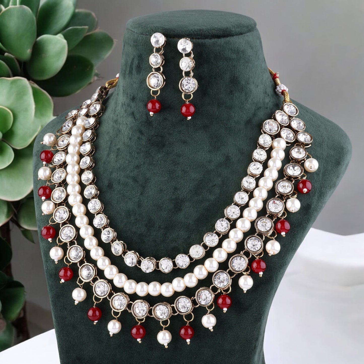 Ruby Kiran Kundan Pearl Beads Necklace Set with Earring