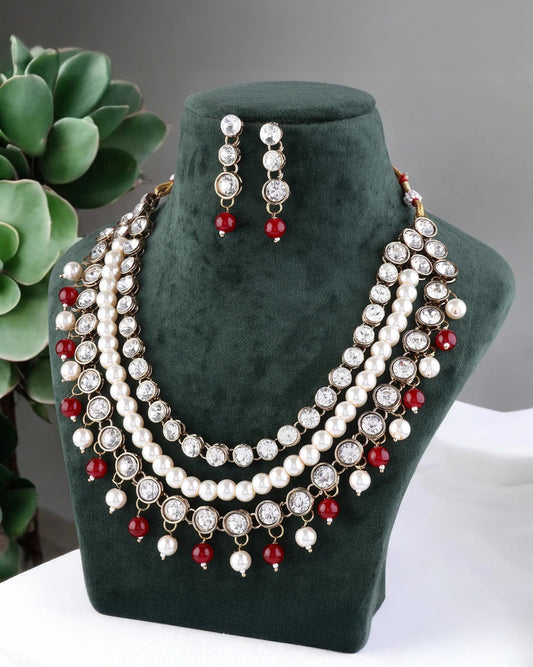 Ruby Kiran Kundan Pearl Beads Necklace Set with Earring
