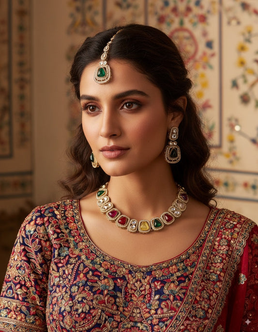 Multi Zorawar Premium Polki Dupe Necklace with Earring and Teeka