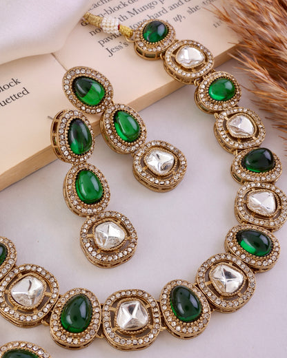 Emerald Rishita Premium Polki Dupe Necklace with Earring and Teeka