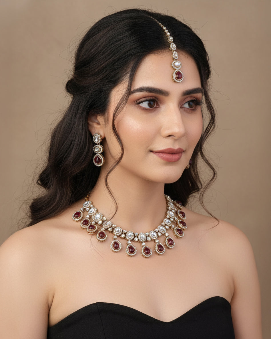Ruby Nivaya Premium Polki Dupe Necklace with Earring and Teeka