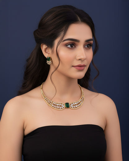 Green Nuha Designer Indo Western Necklace With Earrings