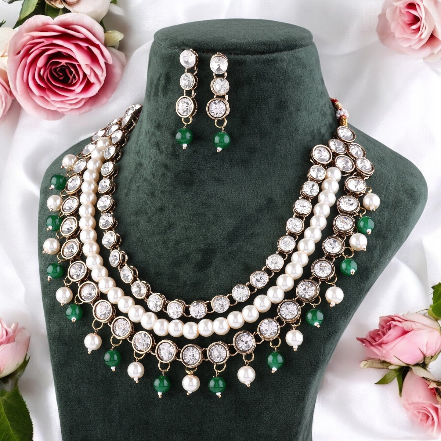 Green Kiran Kundan Pearl Beads Necklace Set with Earring