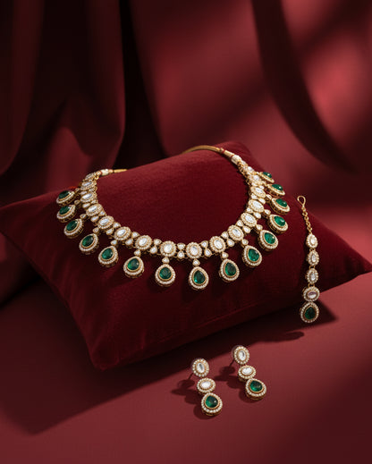 Green Nivaya Premium Polki Dupe Necklace with Earring and Teeka