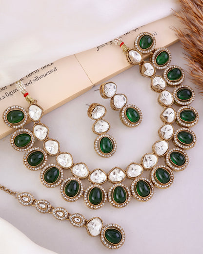 Emerald Arshiya Premium Polki Dupe Necklace with Earring and Teeka