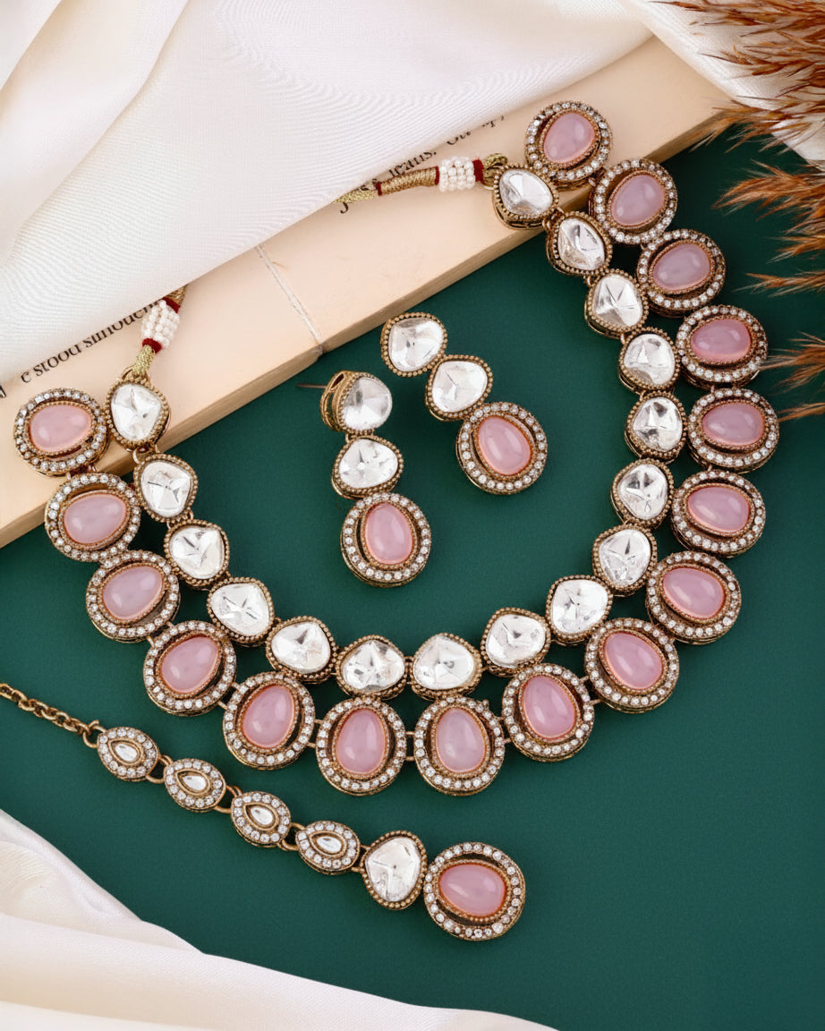Blush Arshiya Premium Polki Dupe Necklace with Earring and Teeka
