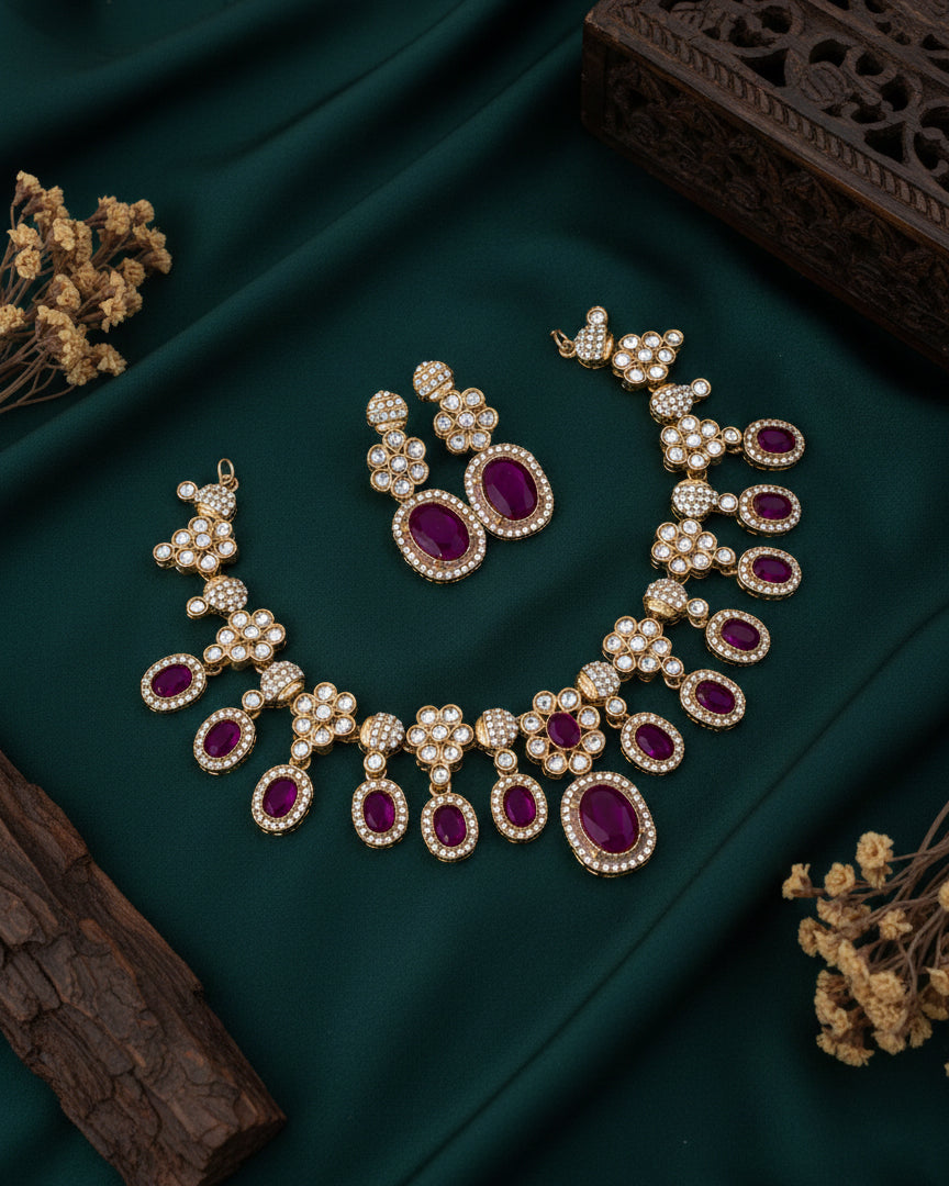 Purple Baani Indo Western Necklace With Earrings