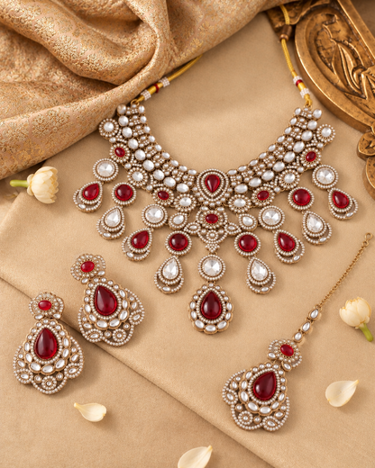 Red Nimishu Premium Polki Dupe Necklace Set with Earring & Mangteeka