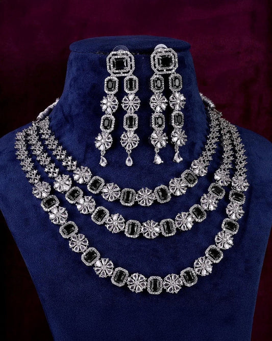 Black Salina 3 Layer American Diamond Necklace Set