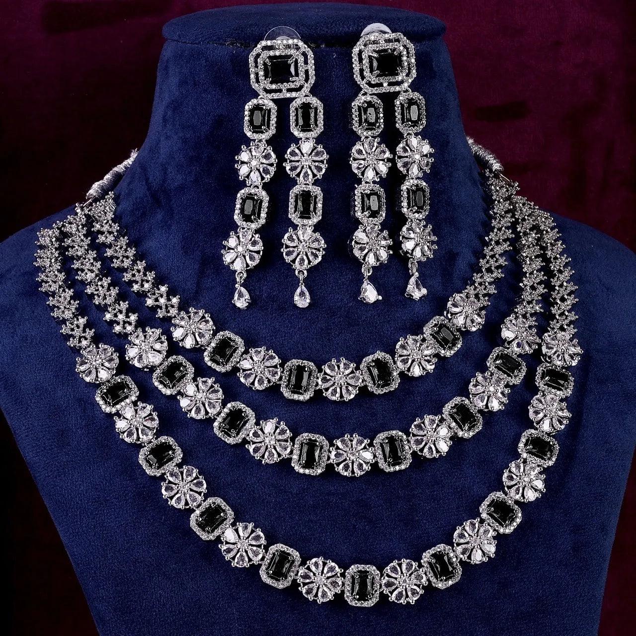 Black Salina 3 Layer American Diamond Necklace Set