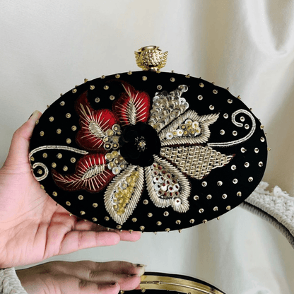 Black Oval Sanvi Embroidered Clutch