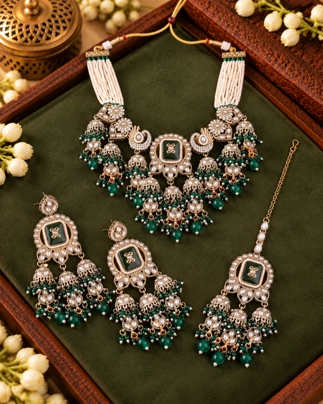 Green Ruhisha Premium Sabya Inspired Monalisa Necklace Set with Earring & Teeka