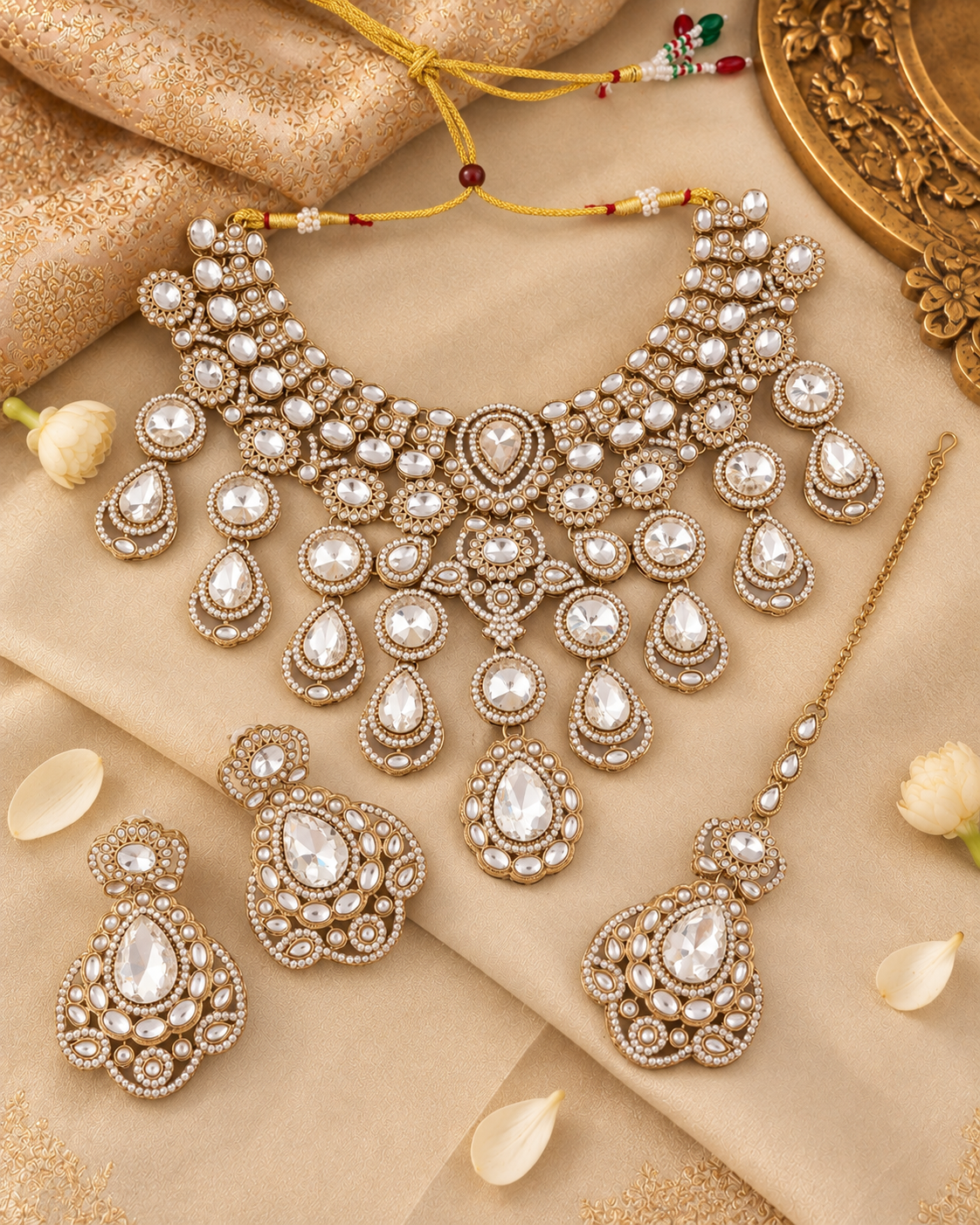 White Nimishu Premium Polki Dupe Necklace Set with Earring & Mangteeka