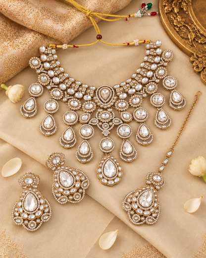 White Nimishu Premium Polki Dupe Necklace Set with Earring & Mangteeka