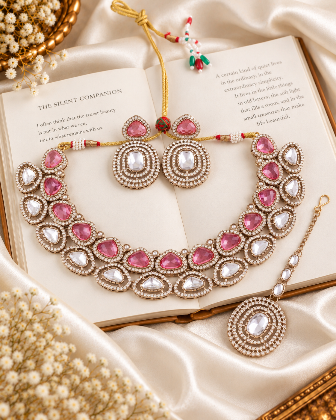 Pink Rajnivanshi Premium Polki Dupe Necklace with Earring and Teeka