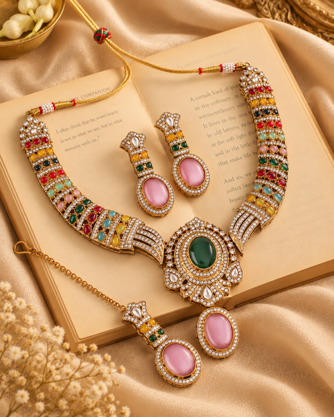 Multi Saumili Premium Sabya Inspired Necklace Set with Earring & Teeka