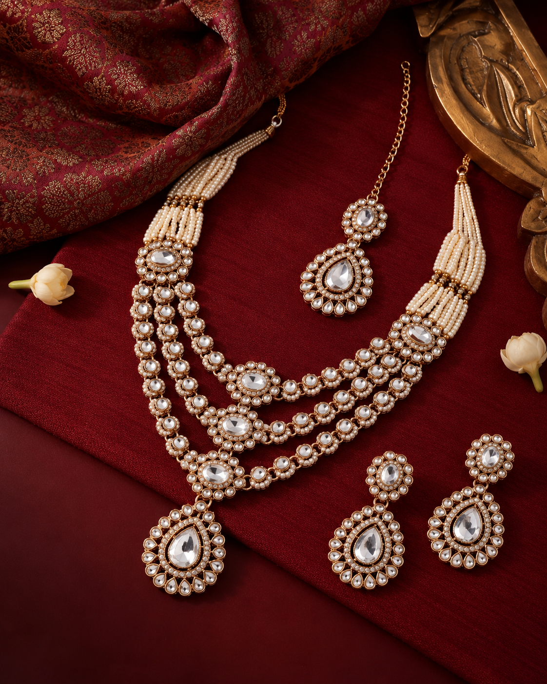 Silver Aavanya Layered Kundan Necklace with Earrings & Teeka