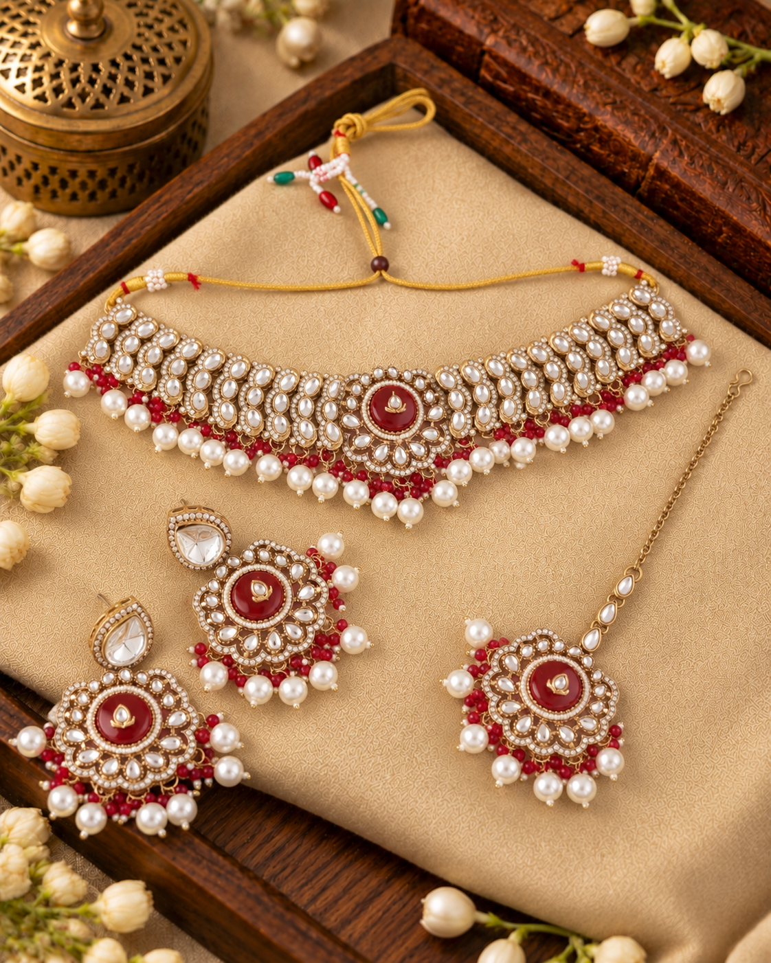 Red Saadika Premium Sabya Inspired Monalisa Necklace Set with Earring & Teeka