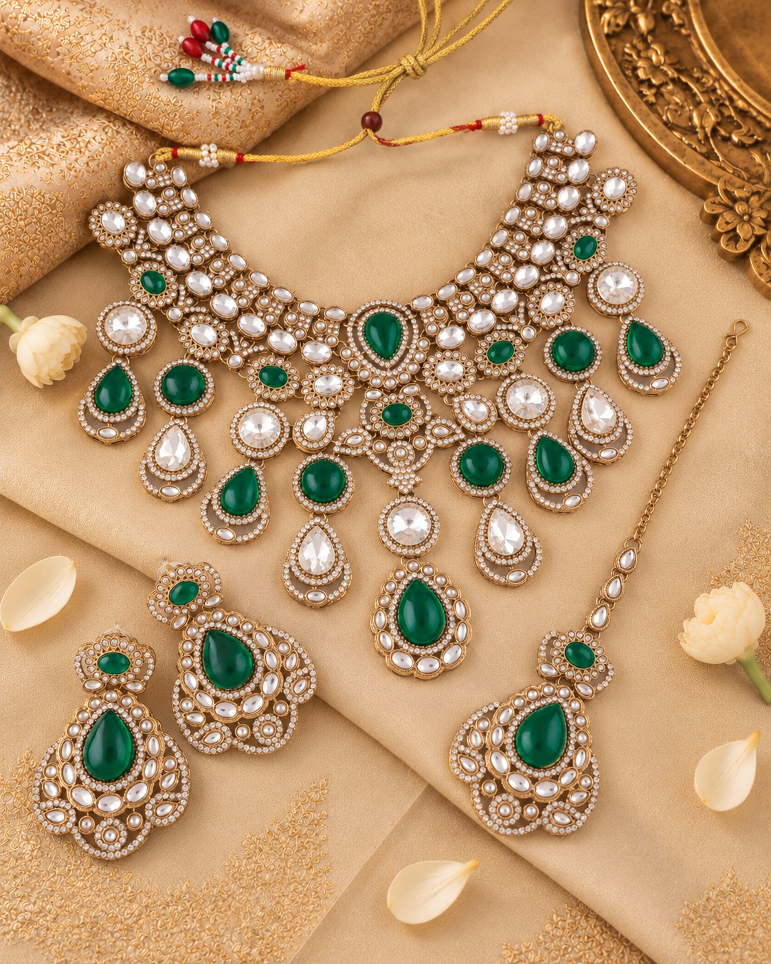Green Nimishu Premium Polki Dupe Necklace Set with Earring & Mangteeka