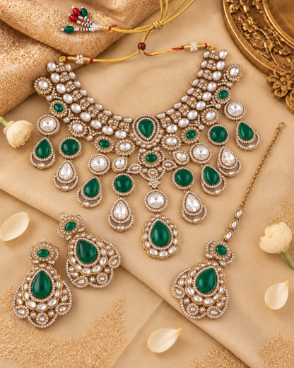Green Nimishu Premium Polki Dupe Necklace Set with Earring & Mangteeka