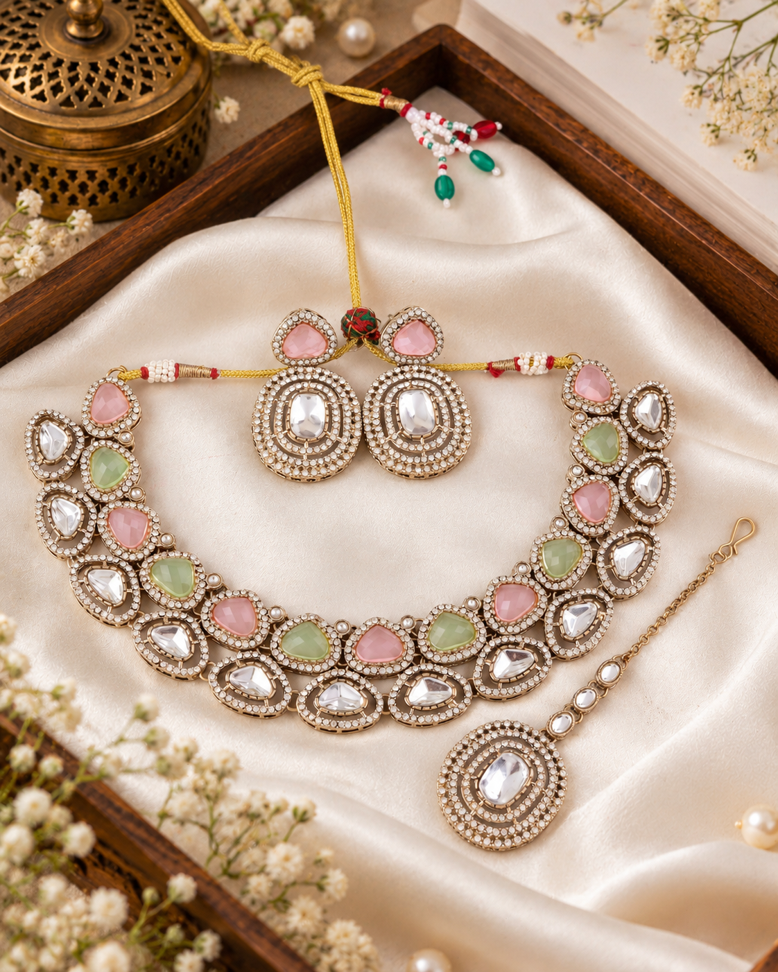 Pastel Rajnivanshi Premium Polki Dupe Necklace with Earring and Teeka