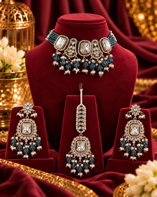 Teal Blue Vrishtika Premium Polki Dupe Choker Necklace With Earring & Teeka