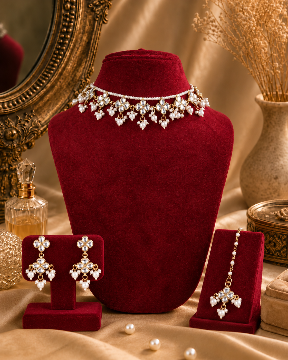 Mrinaya Kundan Choker Necklace Set With Earring and Maangteeka