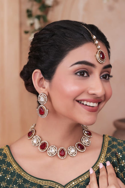 Ruby Hania Premium Polki Dupe Necklace with Earring and Mangteeka