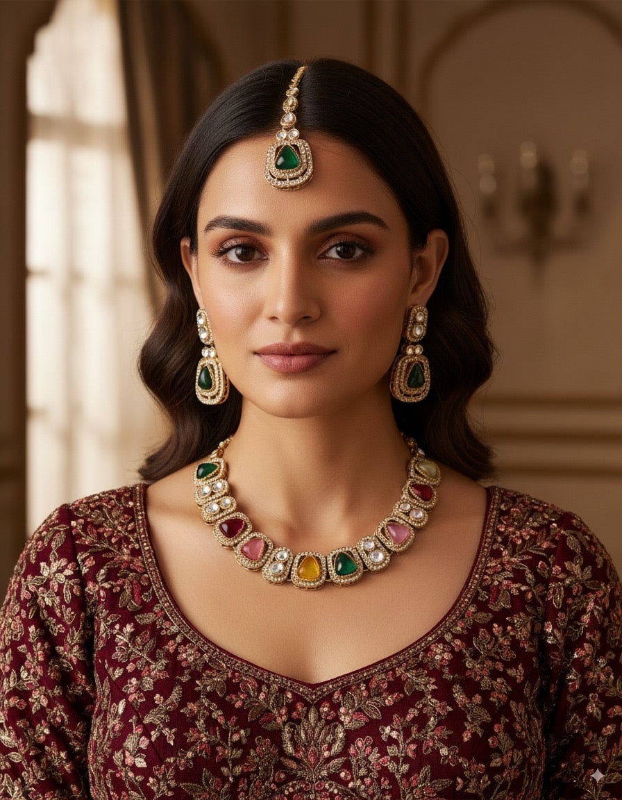 Multi Zorawar Premium Polki Dupe Necklace with Earring and Teeka