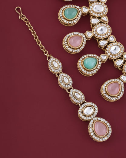 Pastel Nivaya Premium Polki Dupe Necklace with Earring and Teeka