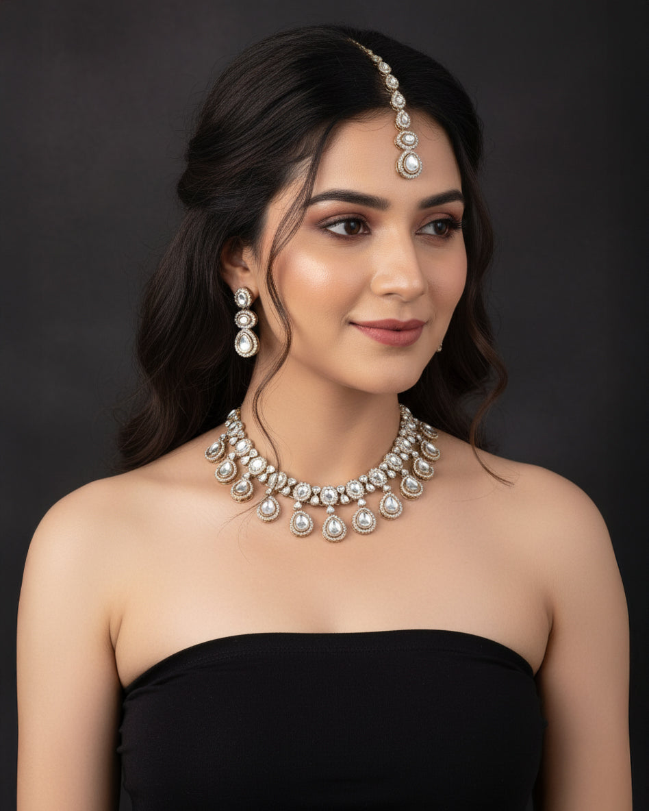 White Nivaya Premium Polki Dupe Necklace with Earring and Teeka