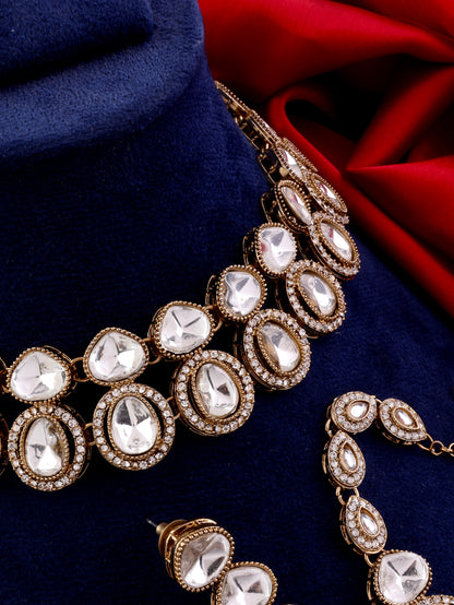 Gold Arshiya Premium Polki Dupe Necklace with Earring and Teeka
