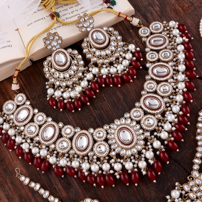Dark Red Gurkeerat Necklace Earring with Teeka and Side Jhumar/Passa