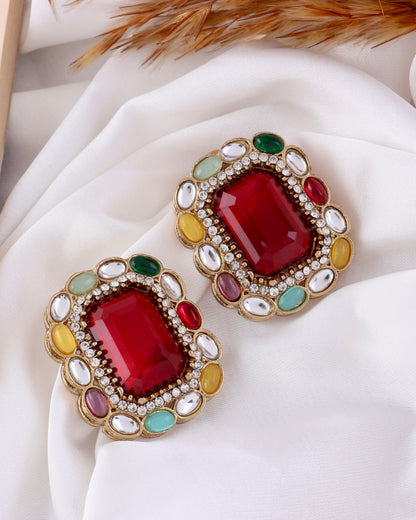 Red Multi Miyoko Premium Kundan Zircone Stud Earrings
