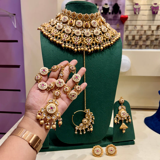 Royal Rajwada Bridal Necklace Set with Jhumki Earring and Sheshpatti with Mangteeka and Bridal Nath Nose Ring and Pair of Ring