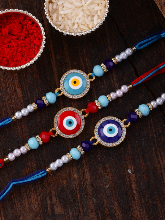 Pack of 3 Zaroon Evil Eye Rakhi with Tilak Set and Card