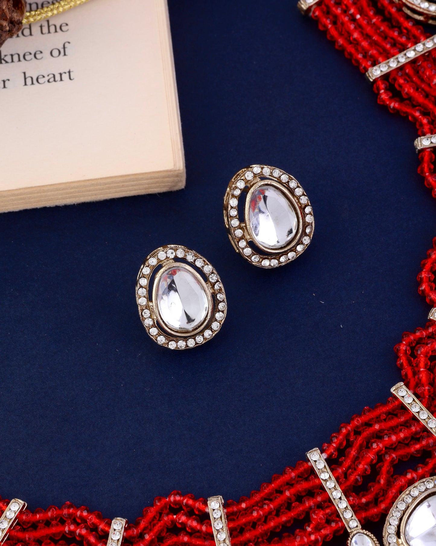 Red Darvesh Zircone Polki Dupe Pearl Necklace with Earring