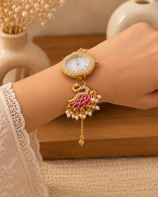 Pink Huzaif Heritage Kashmiri Ethnic Bracelet Watch for Women