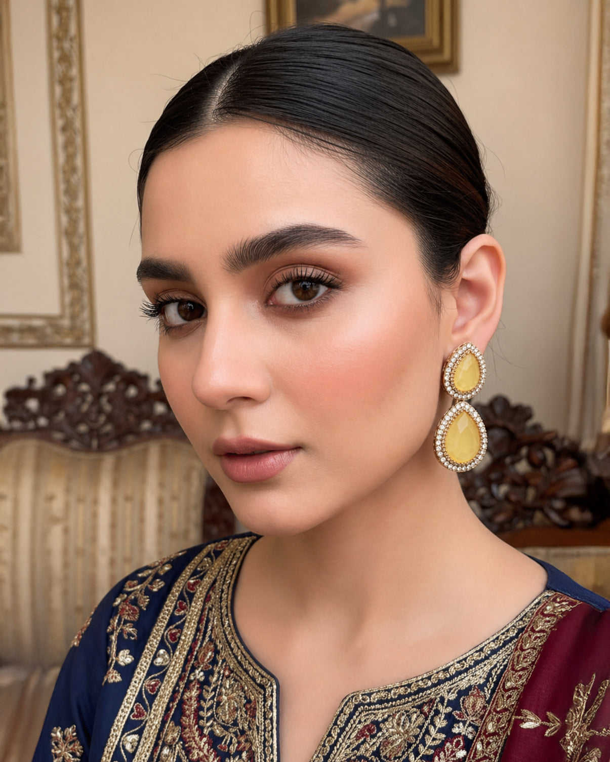 Yellow Ishmrita Premium Designer Zircone Polki Dupe Earring