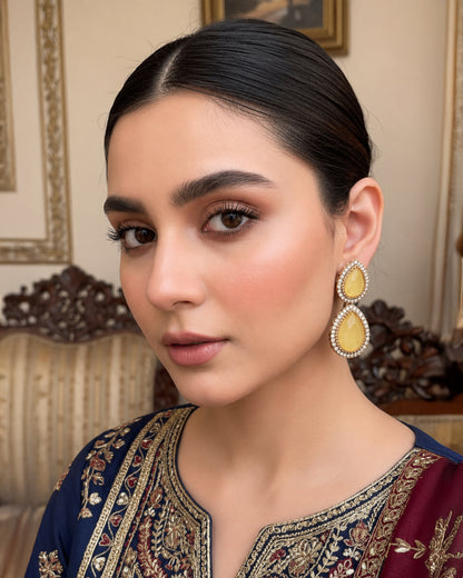 Yellow Ishmrita Premium Designer Zircone Polki Dupe Earring