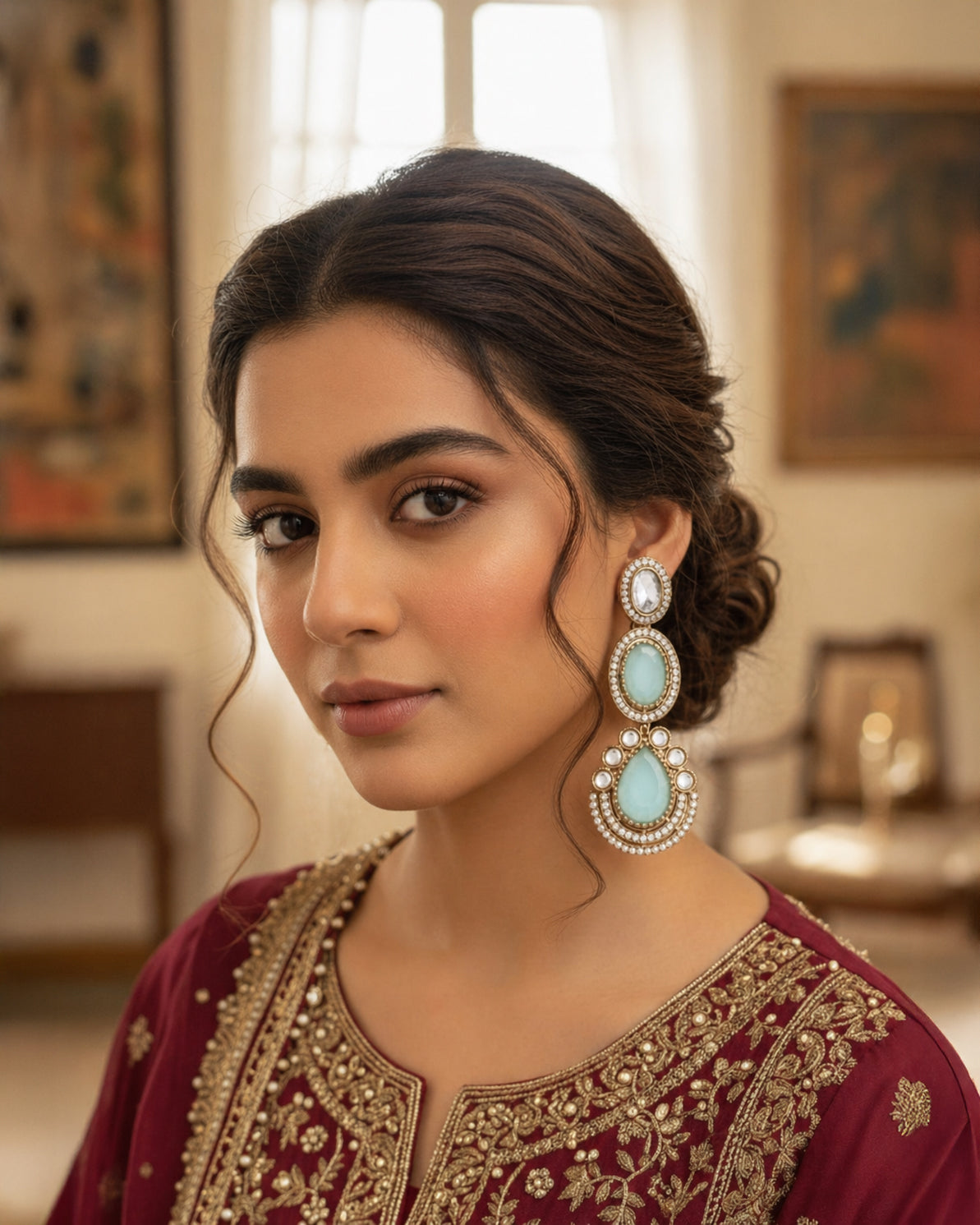 Turquoise Amreen Premium Designer Zircone Polki Dupe Earring