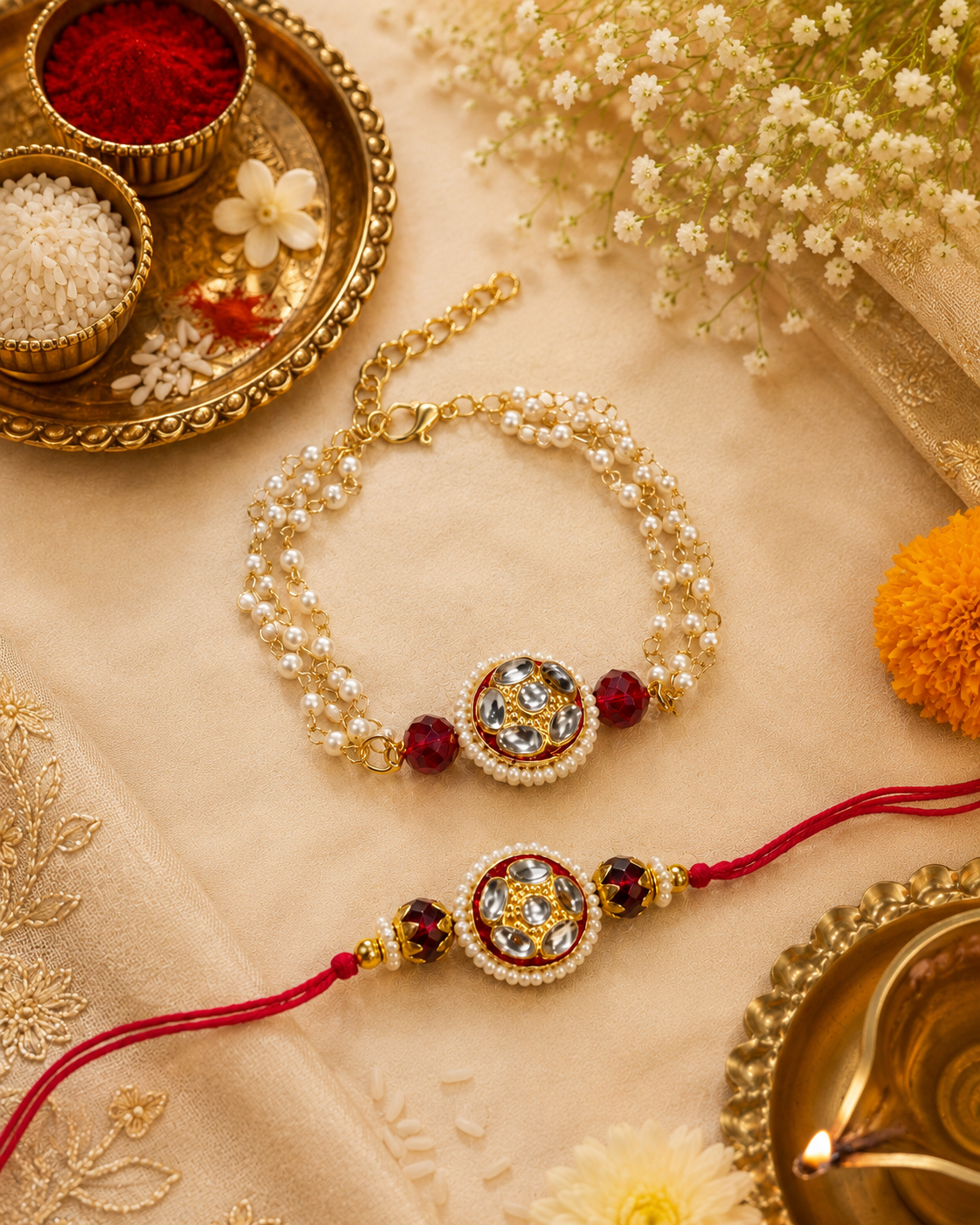 Red Ritansh Meena Bhaiya Bhabhi Rakhi Bracelet Set | Tilak Set Included