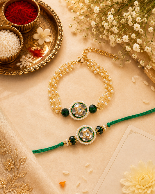 Green Ritansh Meena Bhaiya Bhabhi Rakhi Bracelet Set | Tilak Set Included